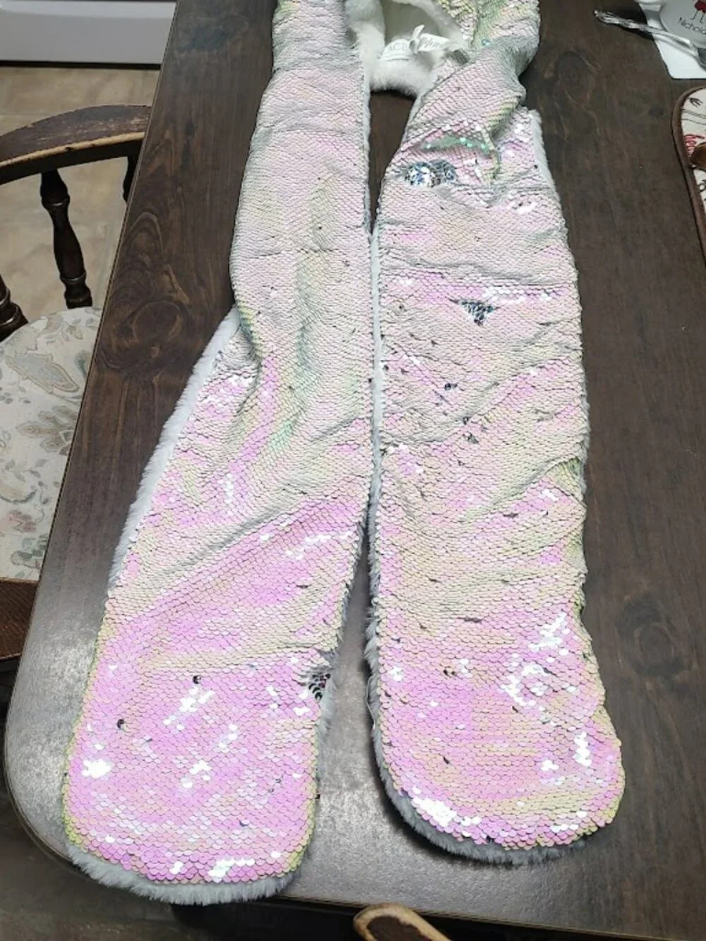 New  Children's Place Cat Reversible Sequin Pink Silver Attached Hat Scarf L/XL